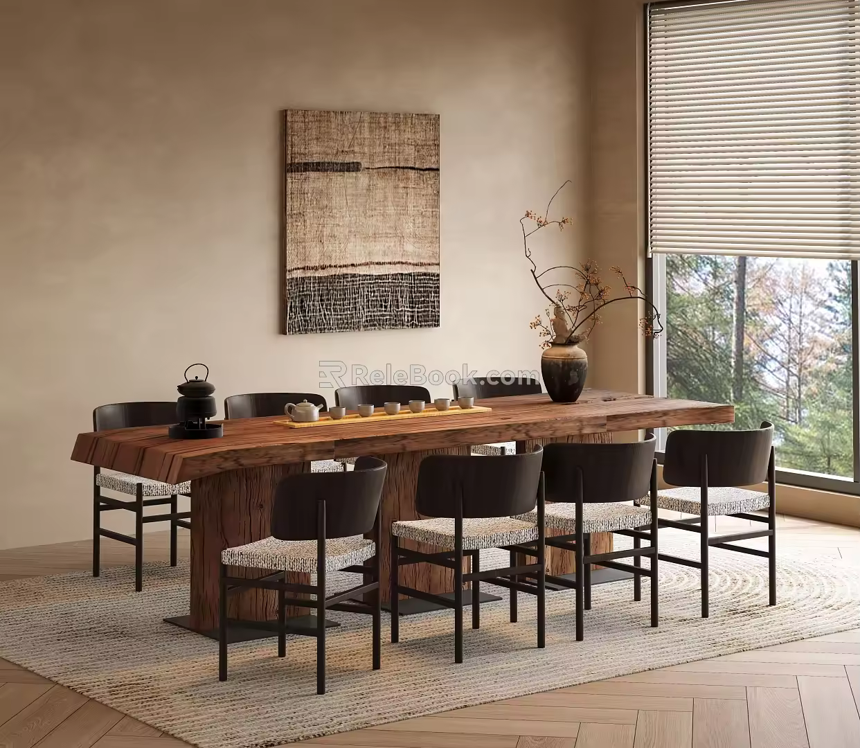 Quiet Style Dining Table and Chair Combination Antique Style Solid Wood Dining Table and Chair in Quiet Tea Room Tea Table and Chair Hanging Picture Rectangular 3d model