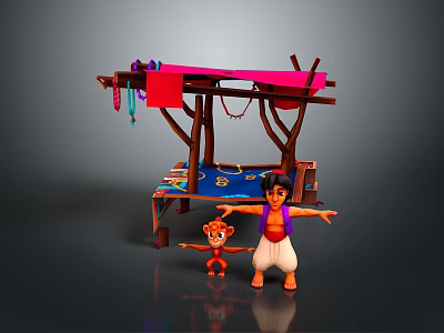 Colorful Street Stall With Red Canopy Hanging Items Blue Cloth Boy And Little Monkey 3d model