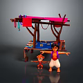Colorful Street Stall With Red Canopy Hanging Items Blue Cloth Boy And Little Monkey
