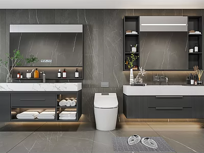 Modern Bathroom Vanity With Marble Countertop Black Cabinets Mirror Plants And Toiletries 3d model