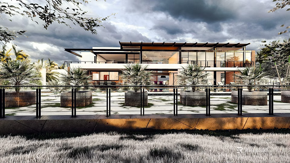 Modern Detached Villa Exterior With Large Glass Windows And Landscaped Garden 3d model 