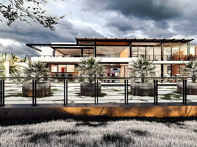 Modern Detached Villa Exterior With Large Glass Windows And Landscaped Garden 3d model
