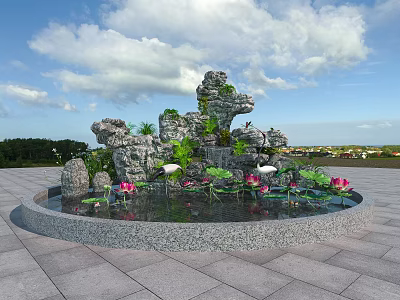 Stone Wood Garden Pond with Rockery Lotus Flowers and Blue Sky View 3d model