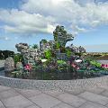 Stone Wood Garden Pond with Rockery Lotus Flowers and Blue Sky View