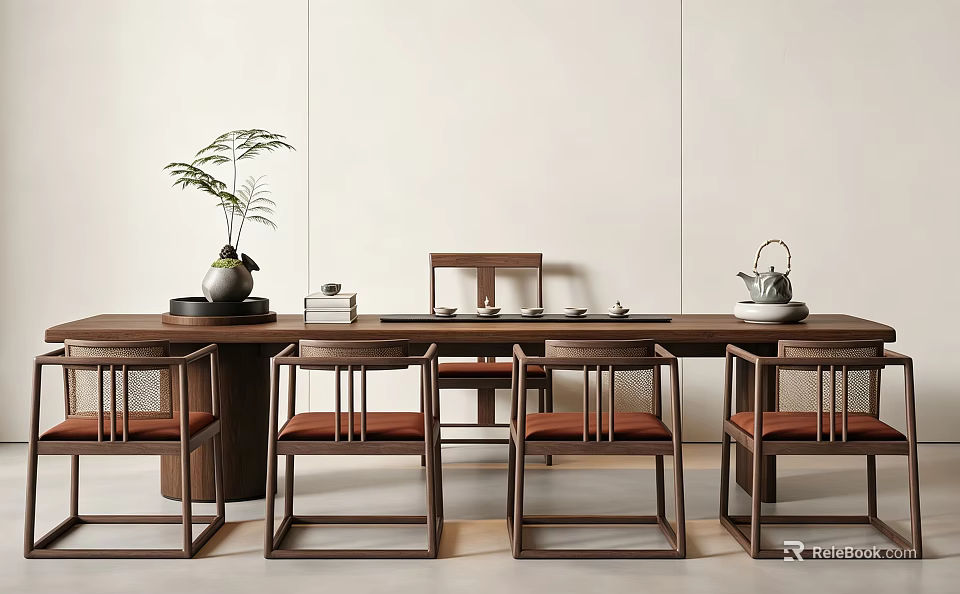 Minimalist Wooden Tea Table and Chairs with Brown Cushioned Seats Tea Set and Flower Vase 3d model 