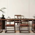 Minimalist Wooden Tea Table and Chairs with Brown Cushioned Seats Tea Set and Flower Vase
