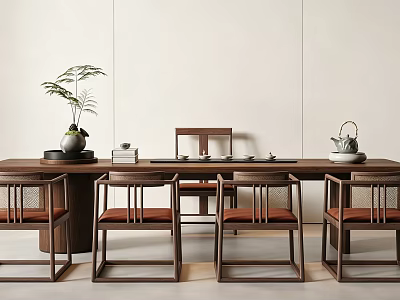 Minimalist Wooden Tea Table and Chairs with Brown Cushioned Seats Tea Set and Flower Vase 3d model