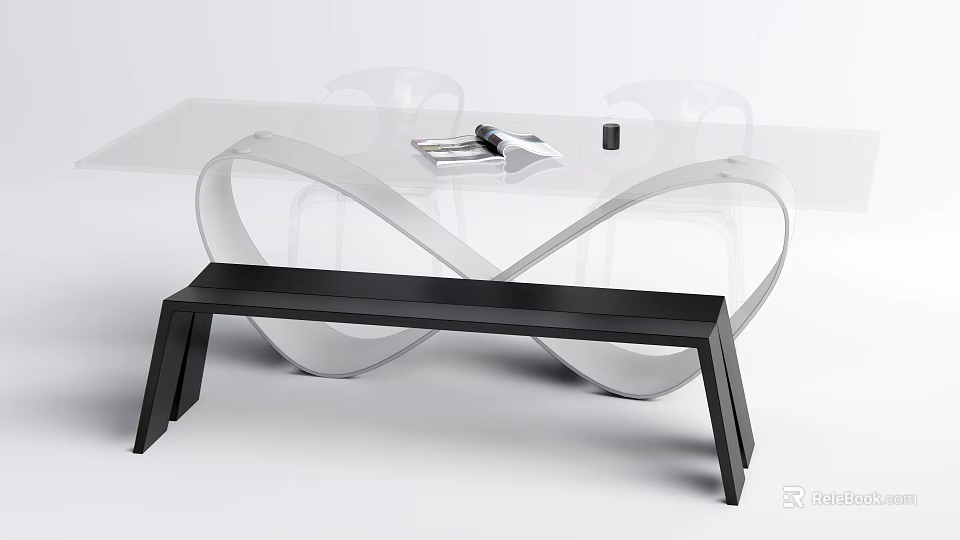 Modern Dining Table Set With Glass Top And Acrylic Chairs Black Bench 3d model 