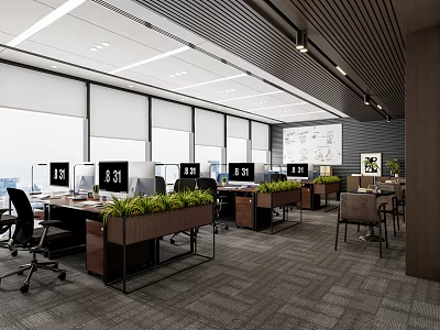 Modern Office Open Workspace With Computers Green Plants Large Windows And Whiteboard 3d model