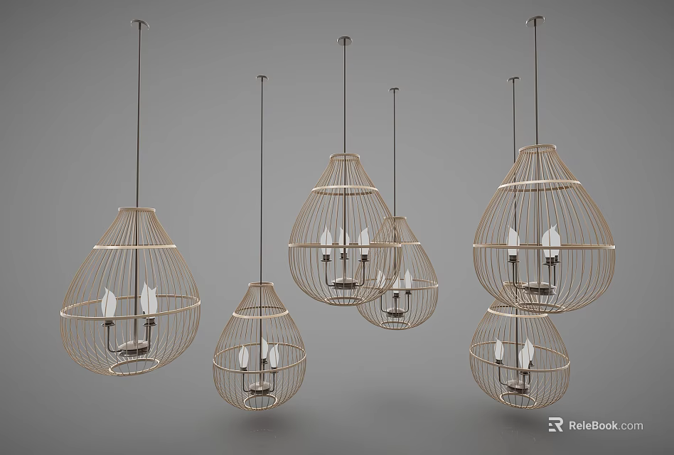 Multiple Woven Frame Modern Chandeliers With Light Colored Design And Candle Bulbs 3d model 