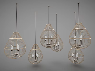 Multiple Woven Frame Modern Chandeliers With Light Colored Design And Candle Bulbs 3d model