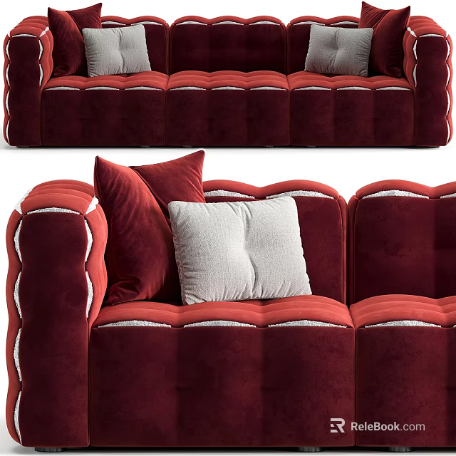 Burgundy Velvet Three Seater Sofa With Tufted Design And Decorative White Cushions 3d model 