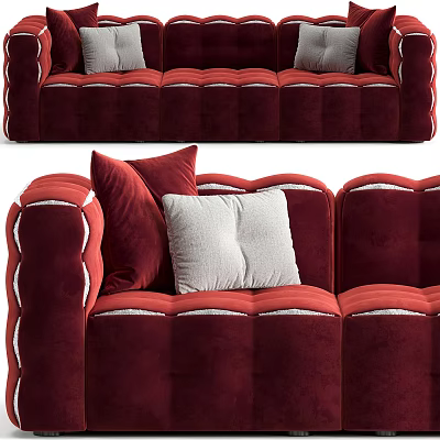 Burgundy Velvet Three Seater Sofa With Tufted Design And Decorative White Cushions 3d model