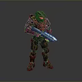 Sci Fi Warrior in Green Battle Armor With Weapon Confronting Alien Creature 3d model