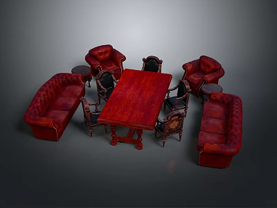 Vintage Red Leather Furniture Set With Sofa Armchairs Dining Table And Chairs 3d model