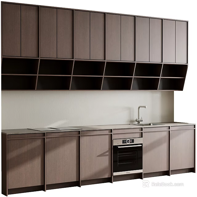 Modern Kitchen Interior With Upper Lower Cabinets Open Shelves Sink And Oven 3d model 