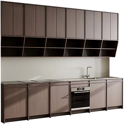 Modern Kitchen Interior With Upper Lower Cabinets Open Shelves Sink And Oven 3d model