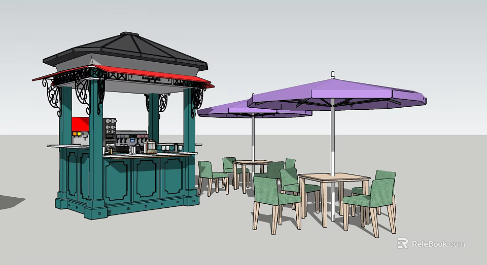 Outdoor Green Kiosk Bar Space With Purple Umbrellas Wooden Tables And Green Chairs 3d model 