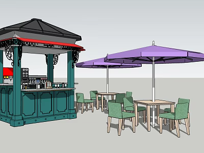 Outdoor Green Kiosk Bar Space With Purple Umbrellas Wooden Tables And Green Chairs 3d model