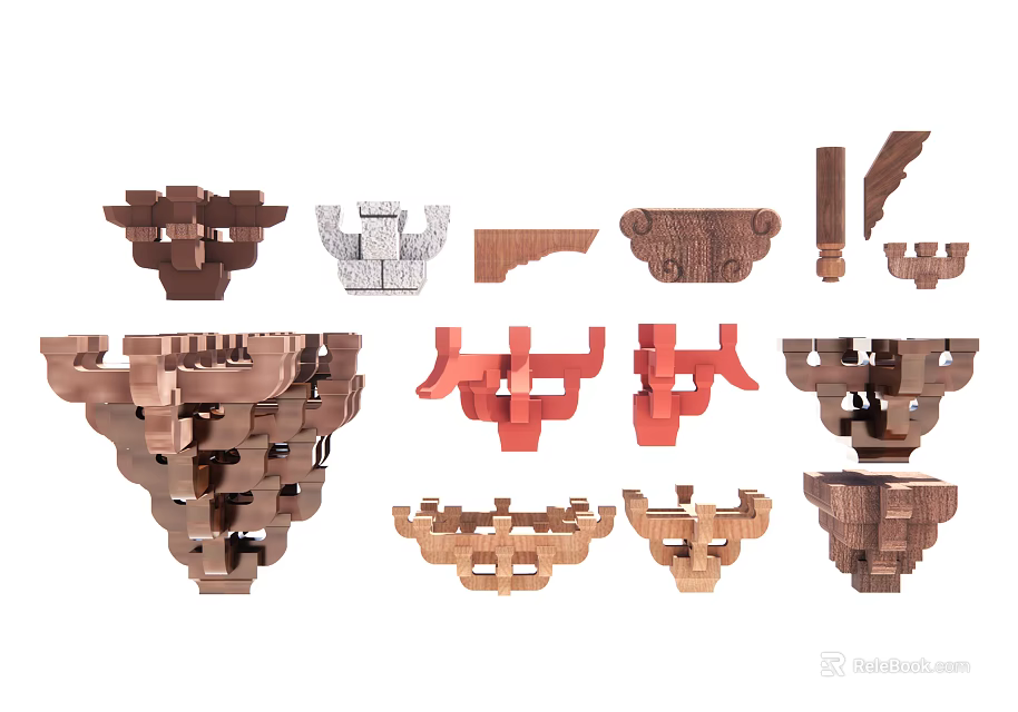 Traditional Architectural Components Including Wooden Brackets Mortise Joints And Decorative Corbels 3d model 