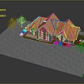 Cartoon House Scene with Red Roof Small Trees and Black Car in Yard