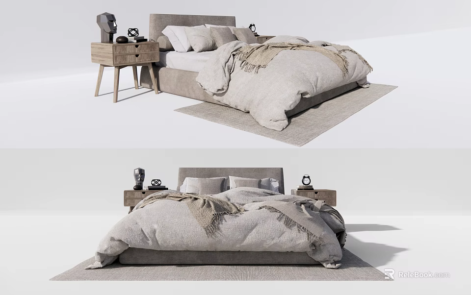 Modern Double Bed Interior With Neutral Bedding Nightstand And Soft Rug 3d model