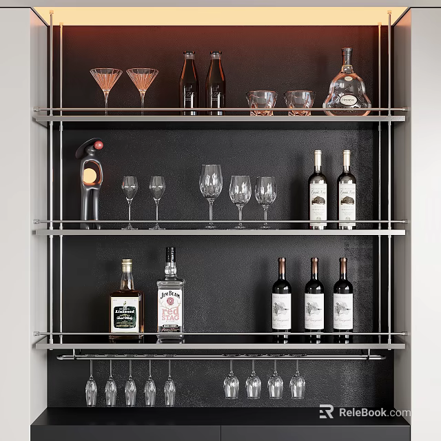 Elegant Wine Cabinet With Shelves Holding Wine Bottles And Glasses 3d model 