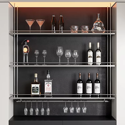 Elegant Wine Cabinet With Shelves Holding Wine Bottles And Glasses 3d model