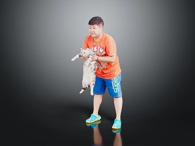 A man holding a cat in orange T-shirt and blue shorts against black background 3d model