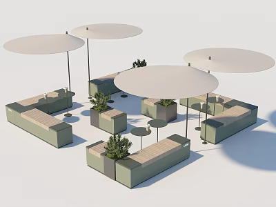 Modern Outdoor Chairs With Sunshades And Green Plants In Patio Seating Area 3d model