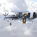 White Military Fighter Jet With Large Disc Radar Propeller Engines And Tail Emblem In Flight