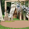 Outdoor Floral Installation With Wooden Frames Hanging White Purple Flowers And Green Grass