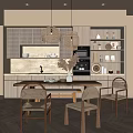 Modern Cozy Restaurant Interior With Wooden Dining Table Rattan Pendant Lights and Marble Countertops