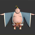 Cartoon Sumo Character In Blue Kimono With Red Obi And Yellow Head Ornament Arms Outstretched