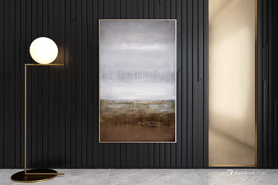Abstract Painting On Black Vertical Stripe Wall With Gold Floor Lamp And Gold Wall 3d model 
