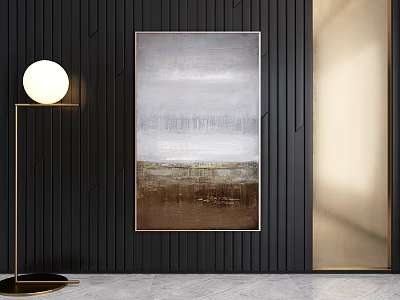 Abstract Painting On Black Vertical Stripe Wall With Gold Floor Lamp And Gold Wall 3d model