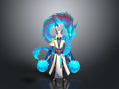 Woman In Traditional White Robe With Blue Purple Dragon Ornament And Glowing Orbs 3d model