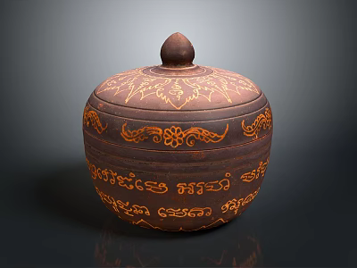 Brown Lidded Container With Intricate Orange Patterns And Traditional Carvings 3d model