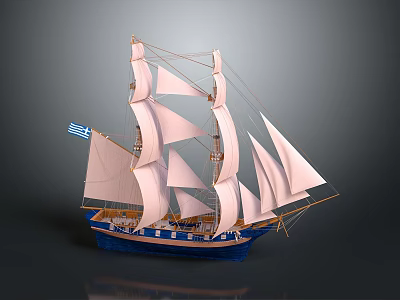 Sailing Ship Water Transport With Large White Sails Blue Hull And Tall Wooden Masts 3d model