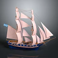 Sailing Ship Water Transport With Large White Sails Blue Hull And Tall Wooden Masts