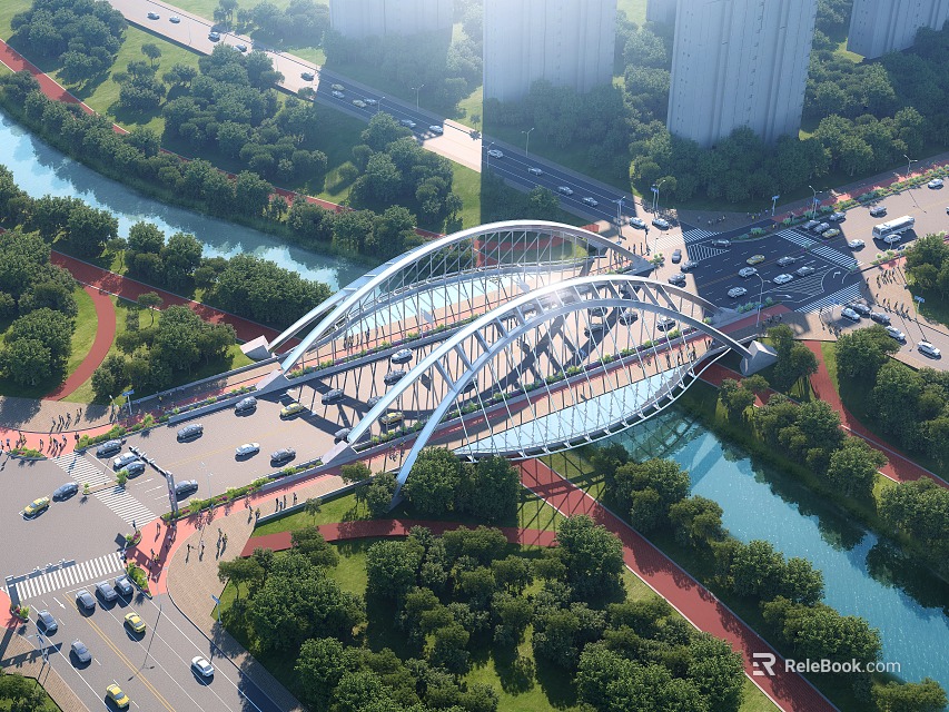 Modern Arch Bridge Spanning River With Green Trees City Buildings Roads And Cars 3d model 