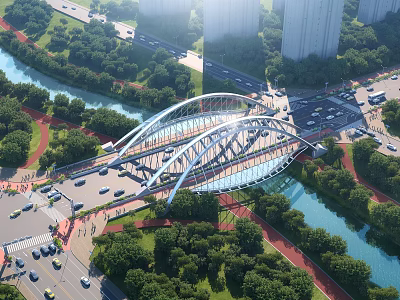 Modern Arch Bridge Spanning River With Green Trees City Buildings Roads And Cars 3d model