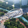 Modern Arch Bridge Spanning River With Green Trees City Buildings Roads And Cars
