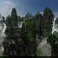 Scenic Stone Pillars With Green Vegetation Surrounded By Mist Under Blue Sky With White Clouds