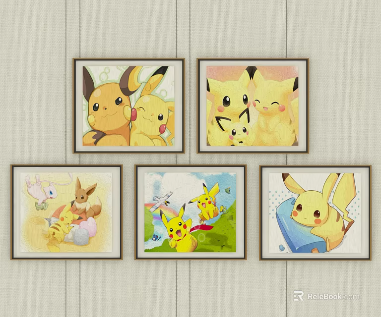 Colorful Cute Pikachu Framed Paintings With Different Poses For Home Wall Decor 3d model 