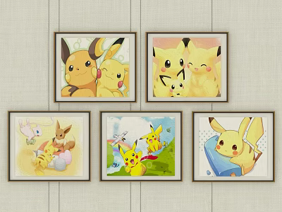 Colorful Cute Pikachu Framed Paintings With Different Poses For Home Wall Decor 3d model