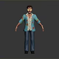 Man Wearing Blue Floral Shirt And Blue Jeans Standing Against Grey Background
