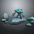 Robot Character Standing On Stone Platform With Green Grass And Rocks 3d model