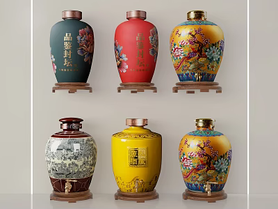 Chinese Style Ceramic Decorative Ornament Set with Traditional Floral Landscape Patterns and Various Colors 3d model