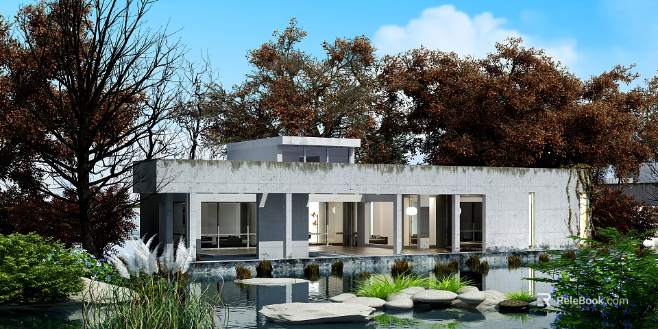 Modern Detached Villa With Concrete Exterior Surrounded By Trees Pond Stones And Green Plants 3d model 